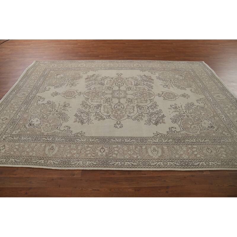 Beige Distressed Tabriz Vintage Persian Rug Hand-Knotted Wool Carpet - 6'9" x 9'6"