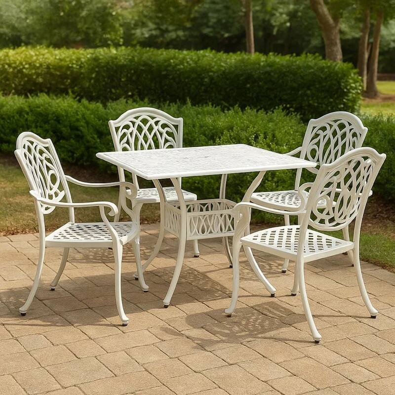 Outdoor Patio Breakfast Dining Table, 35 Inch Square, White Metal