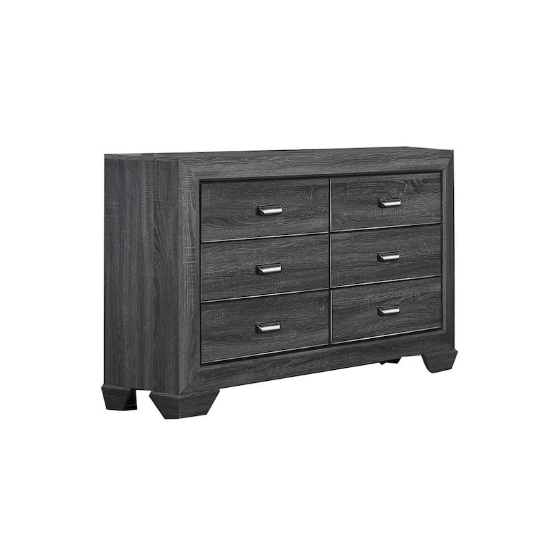 6 Drawer Wooden Dresser with Raised Border and Cup Pulls, Dark Gray