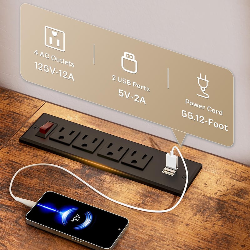 BOSSIN Fireplace TV Stand & Entertainment Center with LED Lights, 4 PU Leather Drawers, Open Shelves, and Built-in Power Outlets