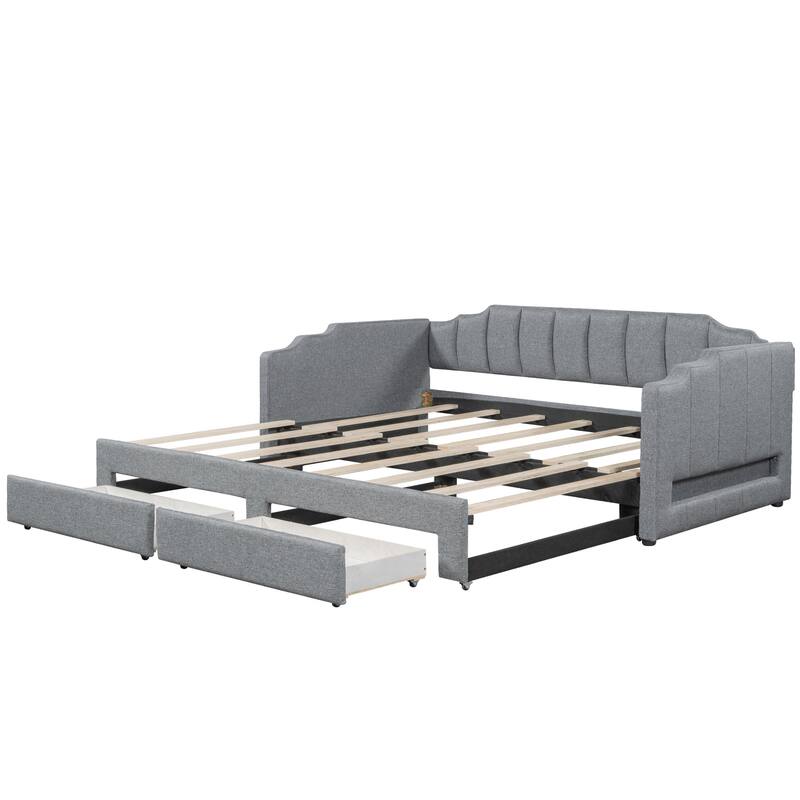 Roomfitters Twin XL Upholstered Daybed with LED Lights and 2 Storage Drawers, Extendable Pull-Out Sofa Bed Frame