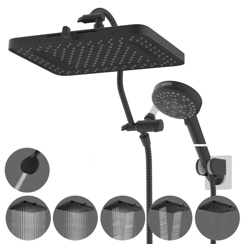 Dual Showerhead Combo, 5-spray 13'' Shower Head, 10-mode Hand Spray - Matte Black