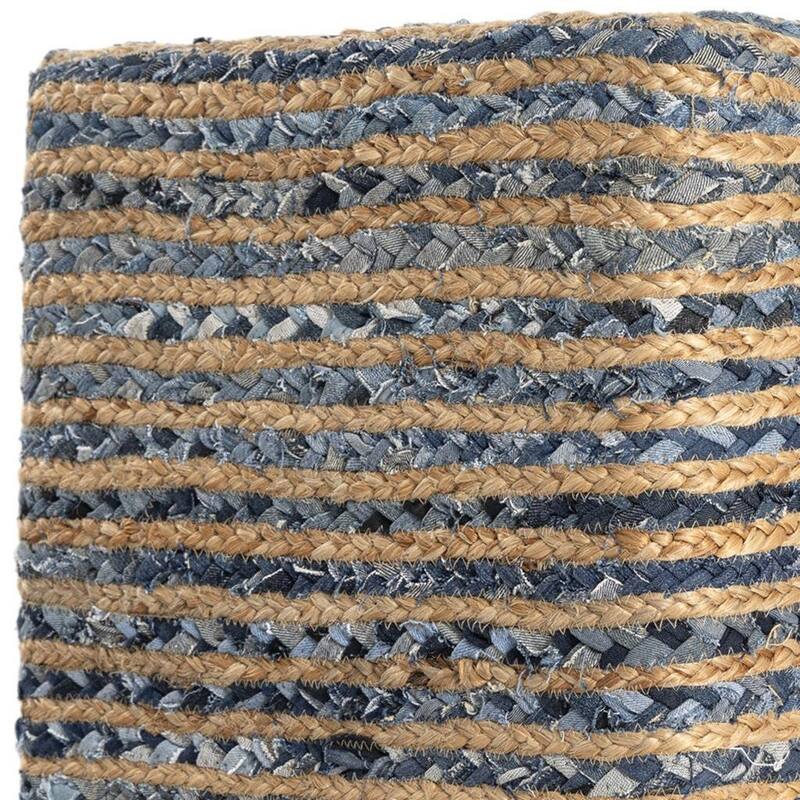 HomeRoots 18" Beige and Blue Cotton And Jute Striped Pouf Ottoman