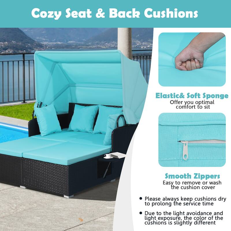 Costway Patio Rattan Daybed Lounge Retractable Top Canopy Side Tables - See Details