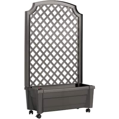Grey Plastic Self-Watering Garden Planter with Trellis and Wheels Outdoor - 31 W x 13.50 D x 53 H inches