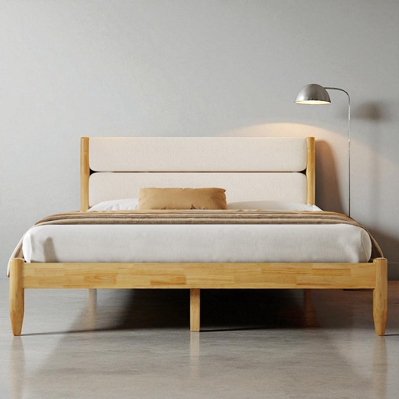 Queen/King Solid Wood Bed Frame with Fleece Upholstered Headboard and Tapered Legs, No Box Spring Needed