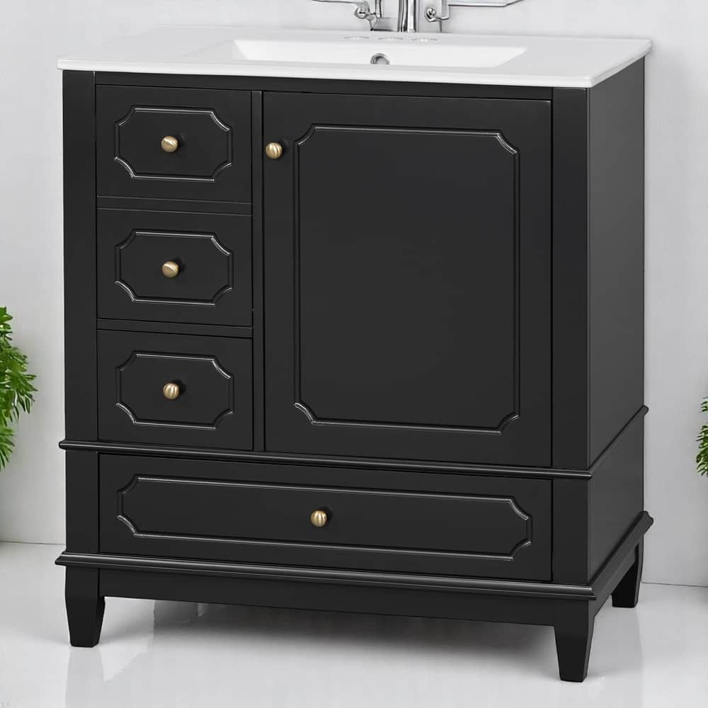 Freestanding 30 Inch Bathroom Vanity Cabinet with Sink, Soft-Close Door, Ceramic Top & Storage Shelves