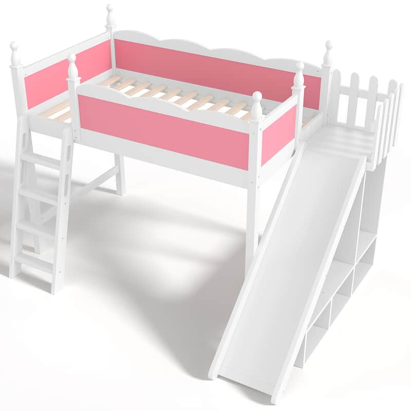 Twin Loft Bed with Storage Shelves and Wardrobe, Solid Wood Loft Beds with Detachable Slide and Ladders, No Spring Box Needed