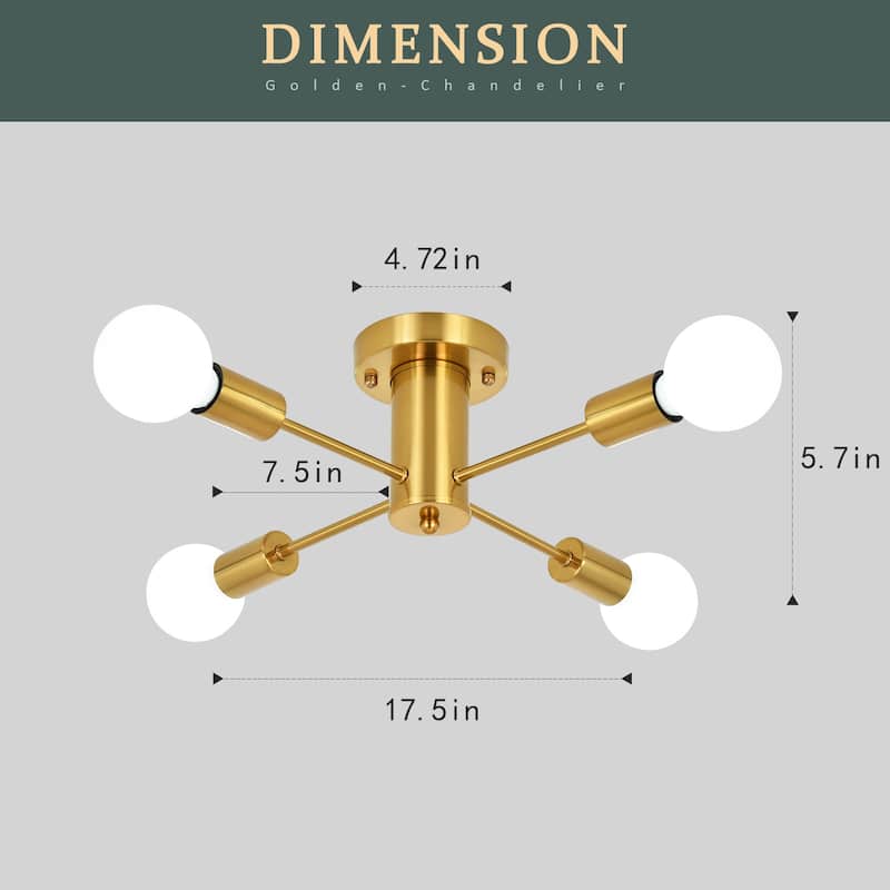 4-Light Modern Semi Flush Mount Chandelier for Bedroom Study Room
