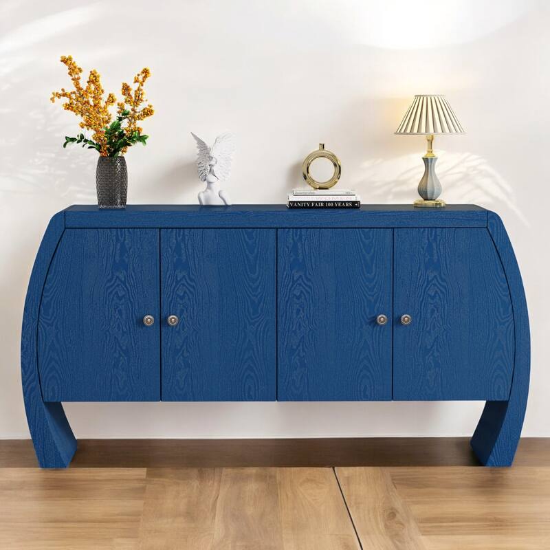 Four-Door Ash Veneer Storage Cabinet with Curved Legs, Antique Brass Handles, Perfect for Hallways, Entrances, and Living Rooms - Navy Blue