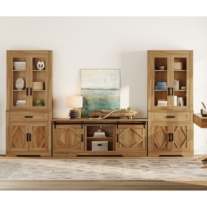 Modern Farmhouse TV Stand with Bookcase for 65" 75" TV with Barn Door for Living Room, Bedroom & Home Office