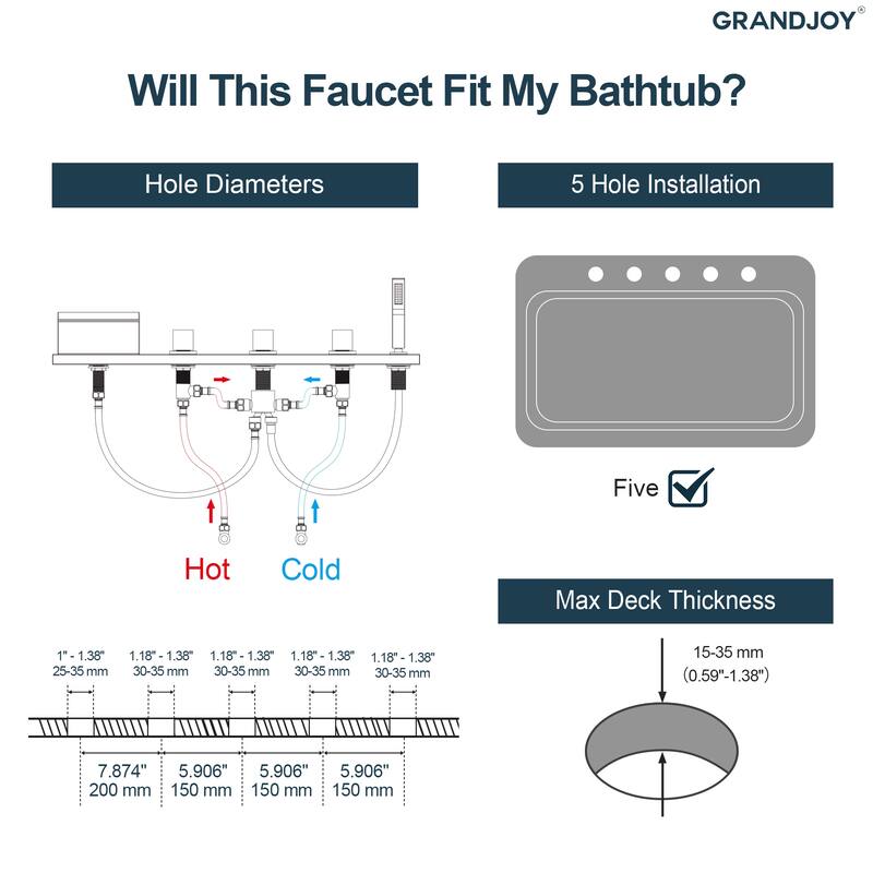 5-Hole 3-Handle Deck-Mount Waterfall Tub Faucet with Hand Shower,Waterfall Spout Bathtub Faucet