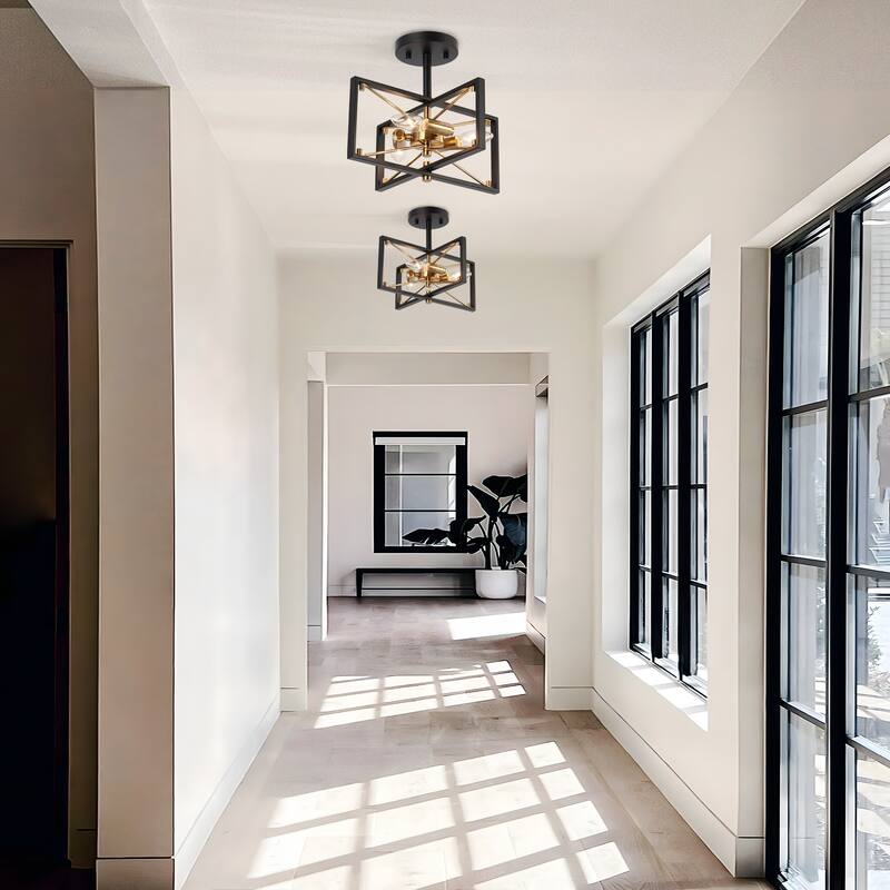 Leno Modern Black Gold 3-Light Geometric Chandelier Semi-Flush Mount Ceiling Light Fixture