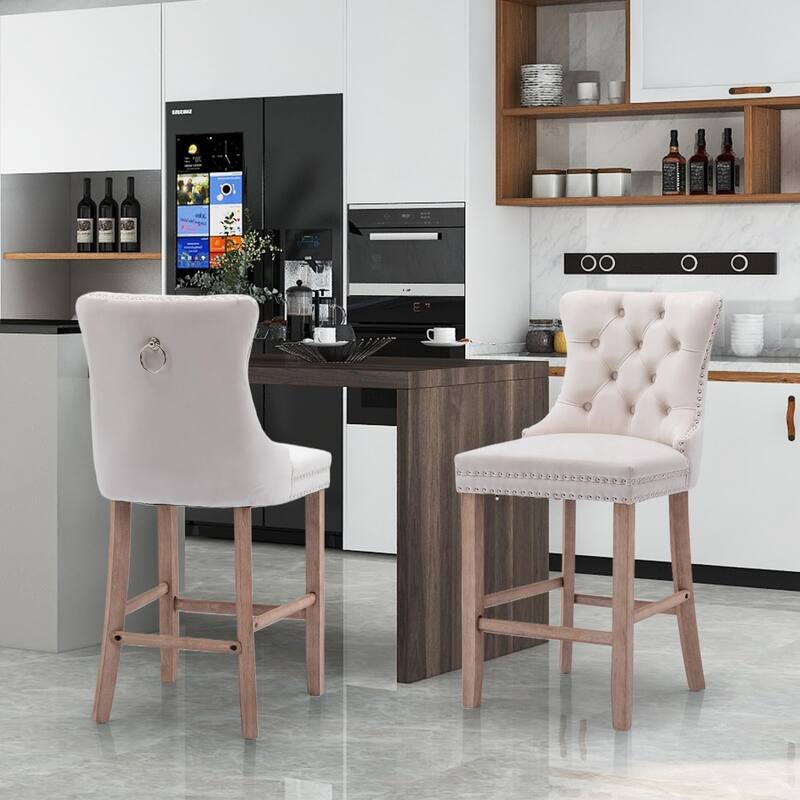Contemporary Tufted Velvet Upholstered Counter Bar Stools Set of 2 - Set of 4 - Ivory