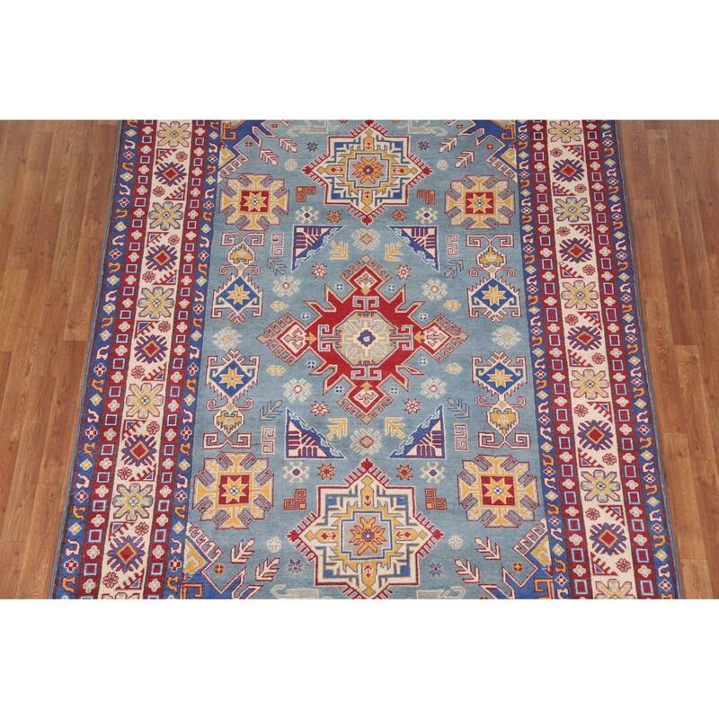 Hand Knotted Oriental 100% Wool Carpet Traditional Geometric Navy Blue & Blues Kazak Area Rug - 9' 8'' X 6' 7''