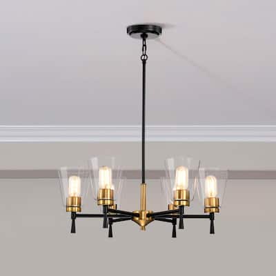 Black and Antique Brass 6-Light Chandelier with Clear Cone Glass Shades