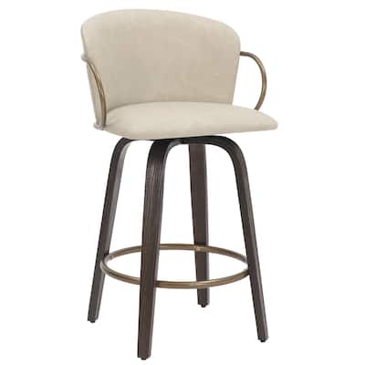 Mid-Century Faux Leather, Wood and Metal 26" Counter Stool with Swivel, Set of 4 - Ivory, Brown and Aged Gold