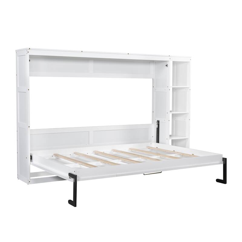 Full Size Murphy Bed Cabinet with Bookshelf, Space-Saving Foldable Wood Wall Bed Frame w/Hidden Bed Foundation & Slats Support