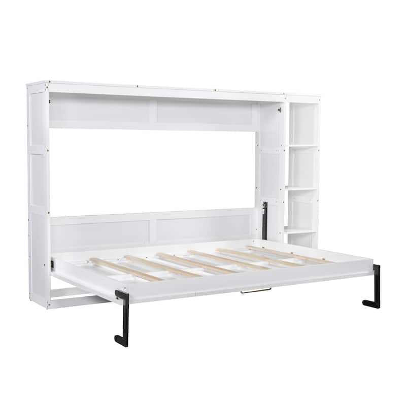 Space-Saving Full Size Murphy Bed with Bookshelf and Storage, White