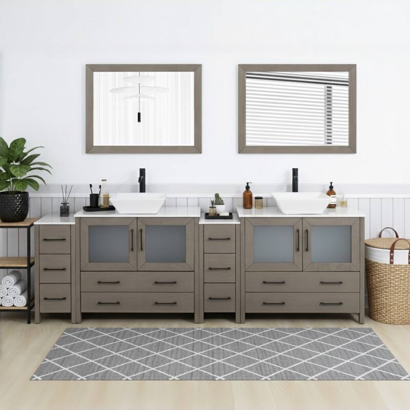 Vanity Art 96" Double Sink Bathroom Vanity Set with Engineered Marble Top and Free Mirror - Driftwood Gray