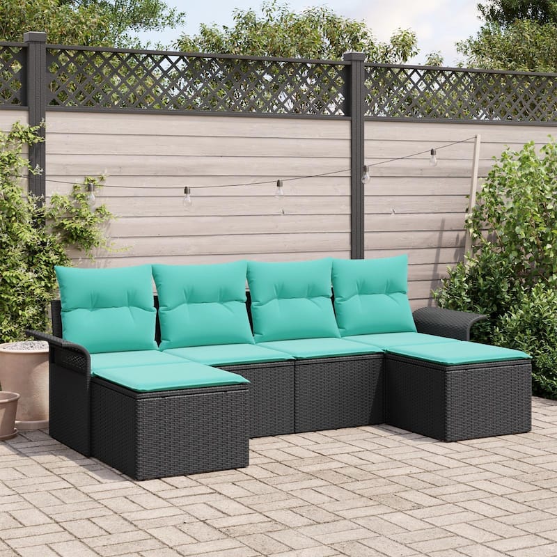 vidaXL 6 Garden Sofa Set with Cushions Black Poly Rattan - 98.8 x 46.1 x 27.2