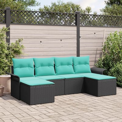 vidaXL 6 Garden Sofa Set with Cushions Black Poly Rattan - 98.8 x 46.1 x 27.2