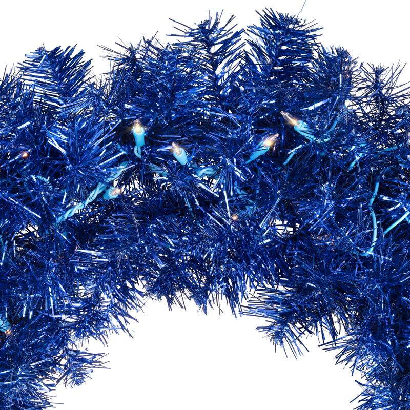 Pre-Lit Artificial Tinsel Christmas Wreath - 24" - Blue - Clear Lights