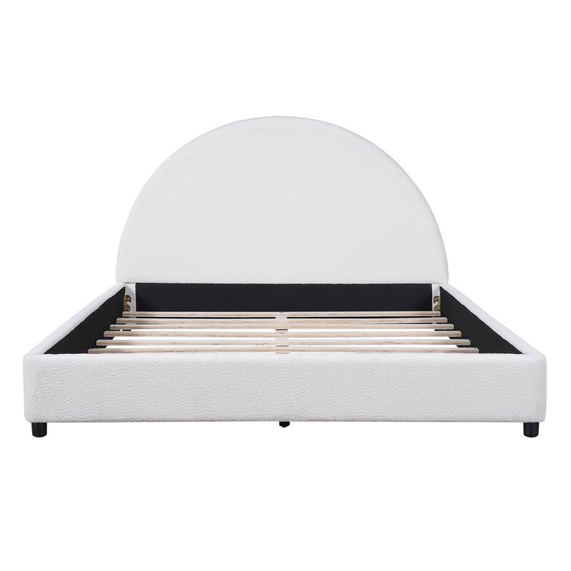 Upholstered Bed with Round Curved Headboard Wingback Bed, White Boucle Platform Bed Frame