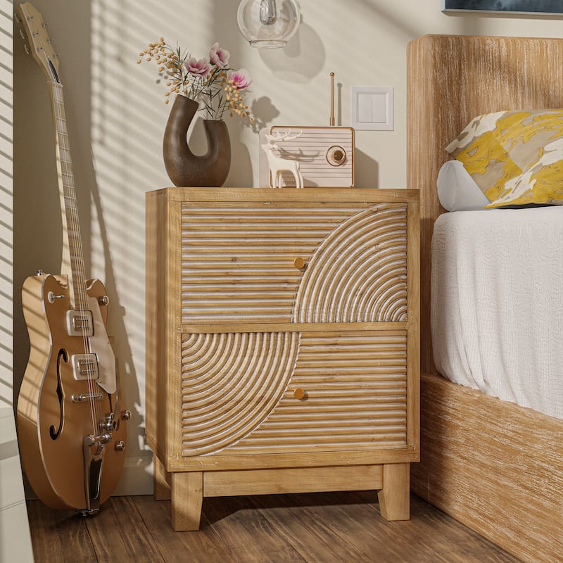 COZAYH 3-Drawer Farmhouse Dresser with Handicraft Wood Ring Motif, Rustic Nightstand Wooden Finish, Boho, Natural Wood