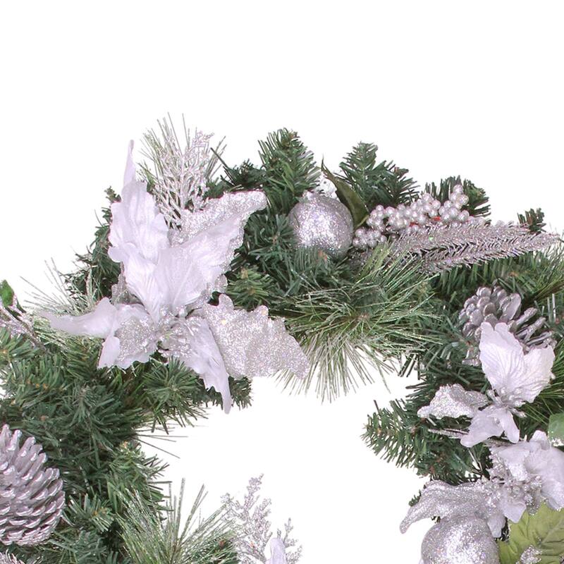 White Poinsettia Pine Cone Artificial Christmas Wreath 24-Inch, Unlit