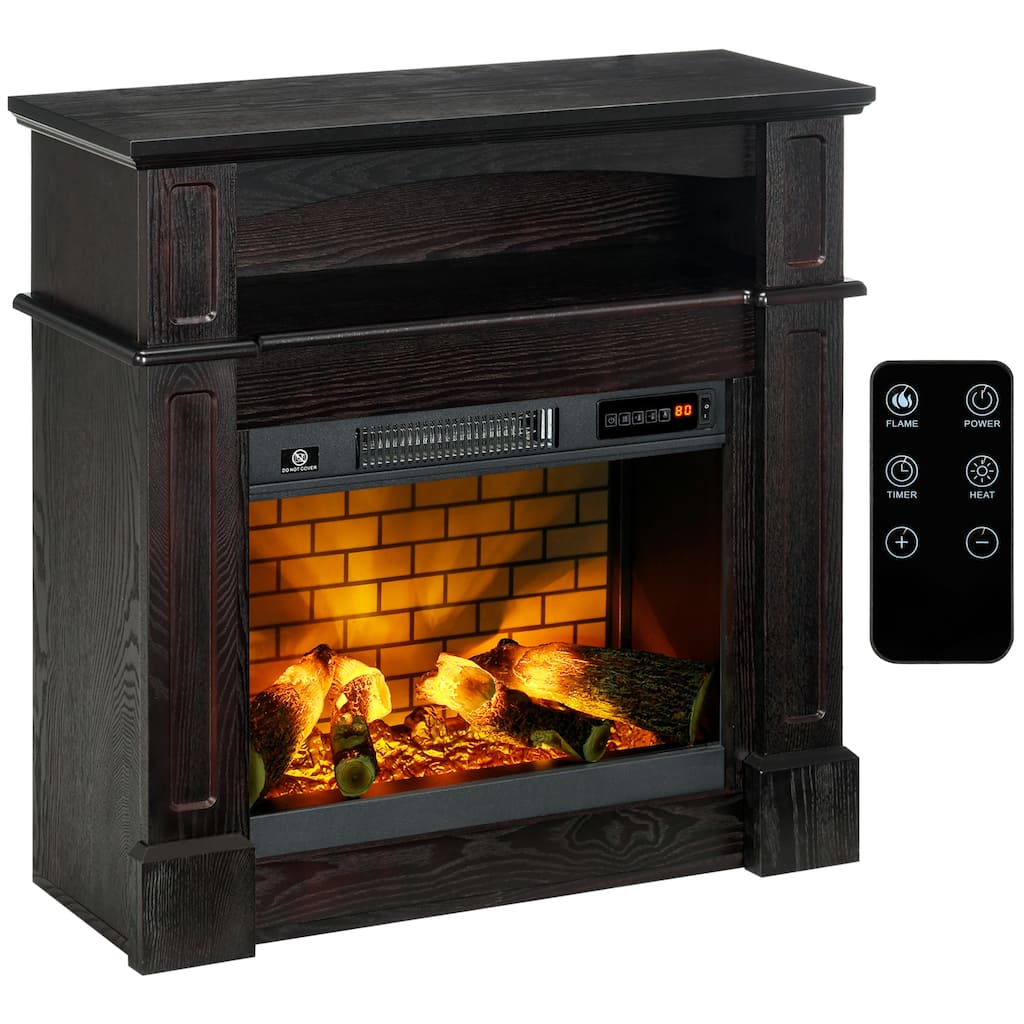 32" Electric Fireplace with Wooden Mantel, Shelf, Remote Control, Dimmable LED Flame, Brown