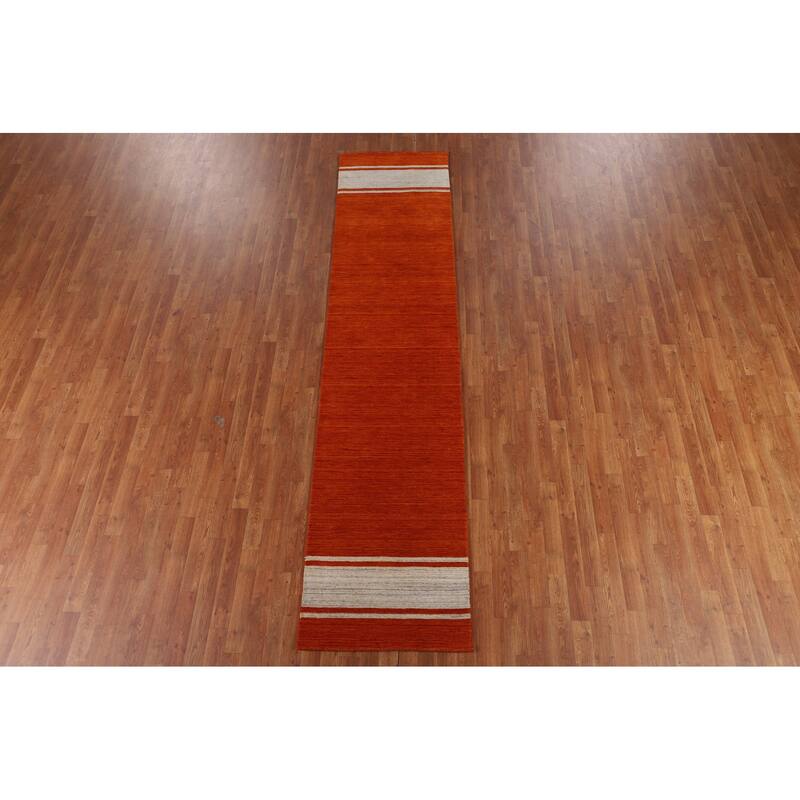 Hand Knotted Oriental 100% Wool Carpet Tribal Stripe Oranges & Rust Gabbeh Runner Rug - 10' 9'' X 2' 6''