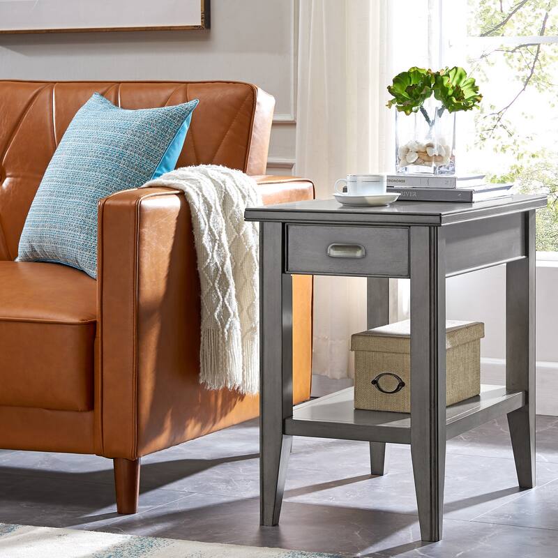 Laurent Narrow Solid Wood Side End Table with Shelf - Smoke Gray Wash