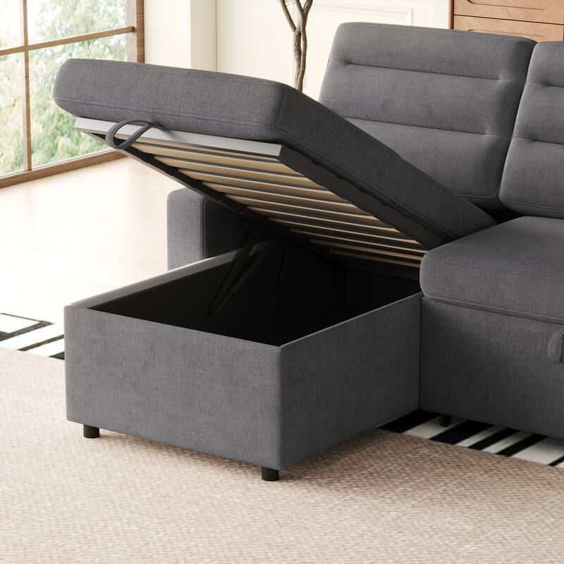 83.5" Convertible Sleeper Sofa - Polyester Sectional Sofa Bed with Pullout Bed and Cup Holder