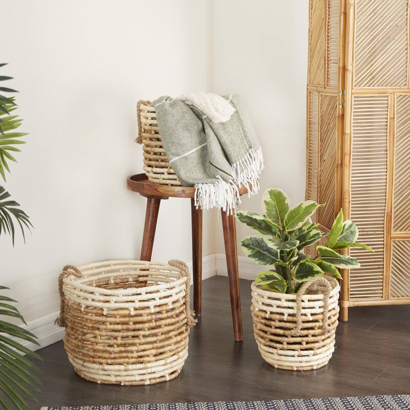 Seagrass Handmade Two Toned Storage Basket with Handles - Set of 3 Beige - Roche River Decor