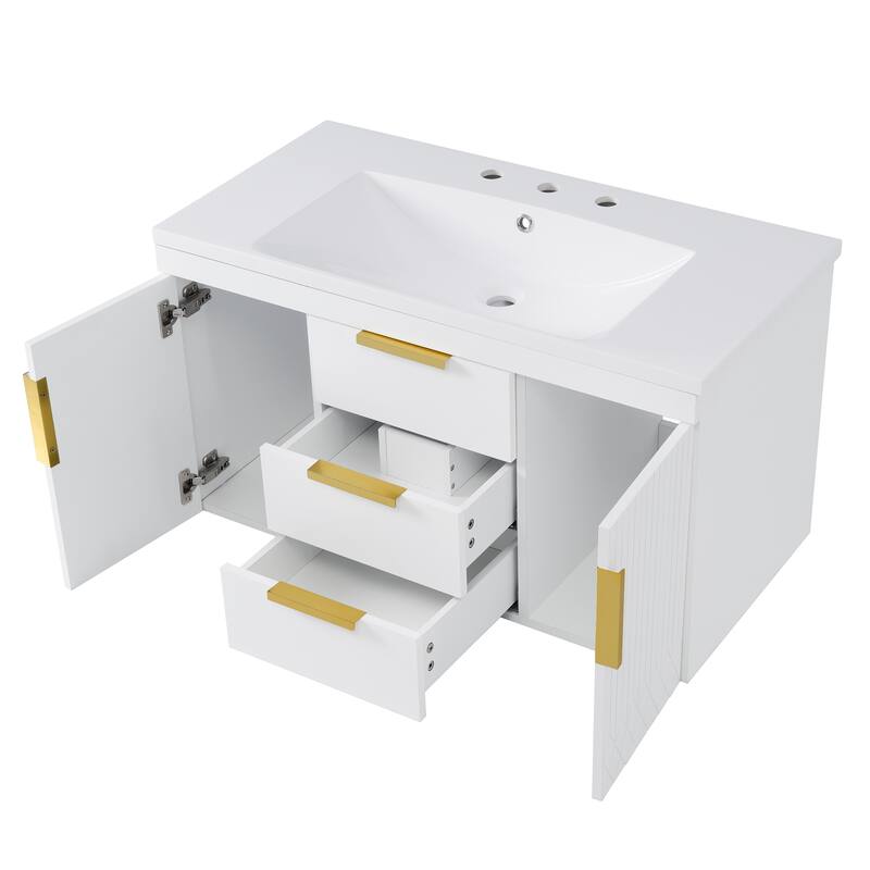 Floating Vanity Bathroom with Sink, Solid Wood Bathroom Storage Cabinet, Wall Mounted Bathroom Vanity with 2 Doors & 2 Drawers