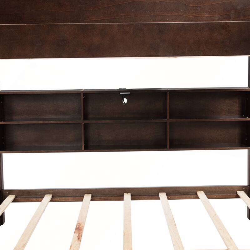 Queen Over Queen Bunk Bed with Built-in Storage Cabinets and Charging Station