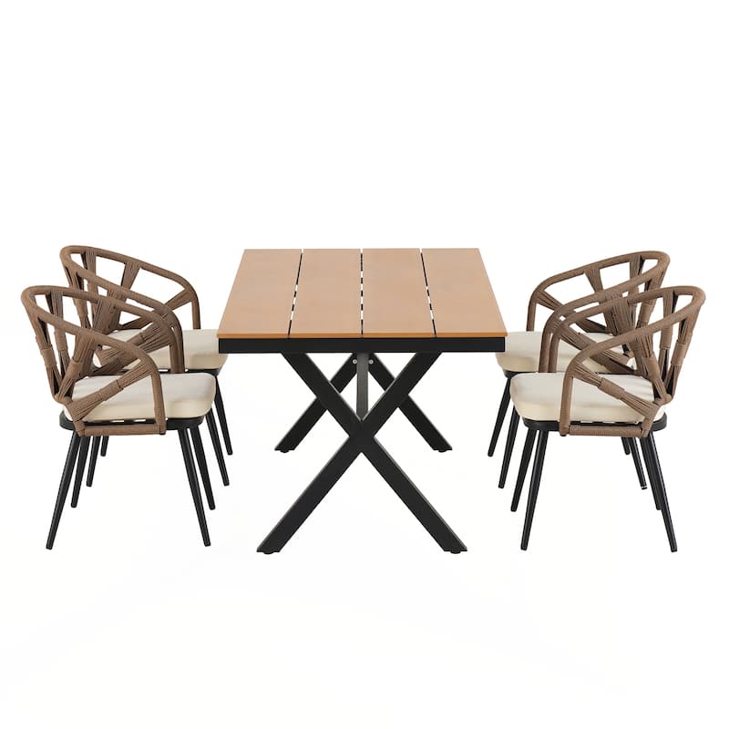 Contemporary Outdoor Set with PE Rattan Chairs and Plastic Wood Table,Suitable for Gardens and Lawns