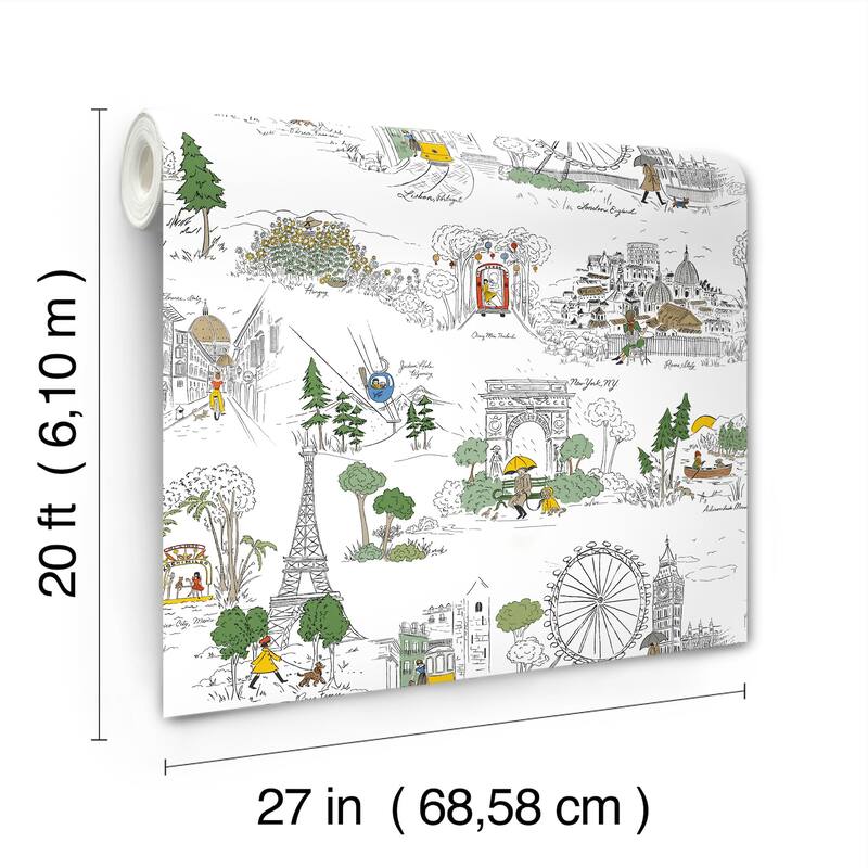 Rifle Paper Co. Travel Sketches Yellow Globetrotter Premium Peel + Stick Wallpaper