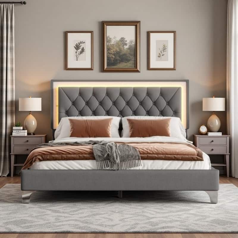 Modern Queen Size Velvet Platform Bed with Tufted Headboard and Romantic LED Lighting, Sturdy Upholstered Frame - Gray - Queen