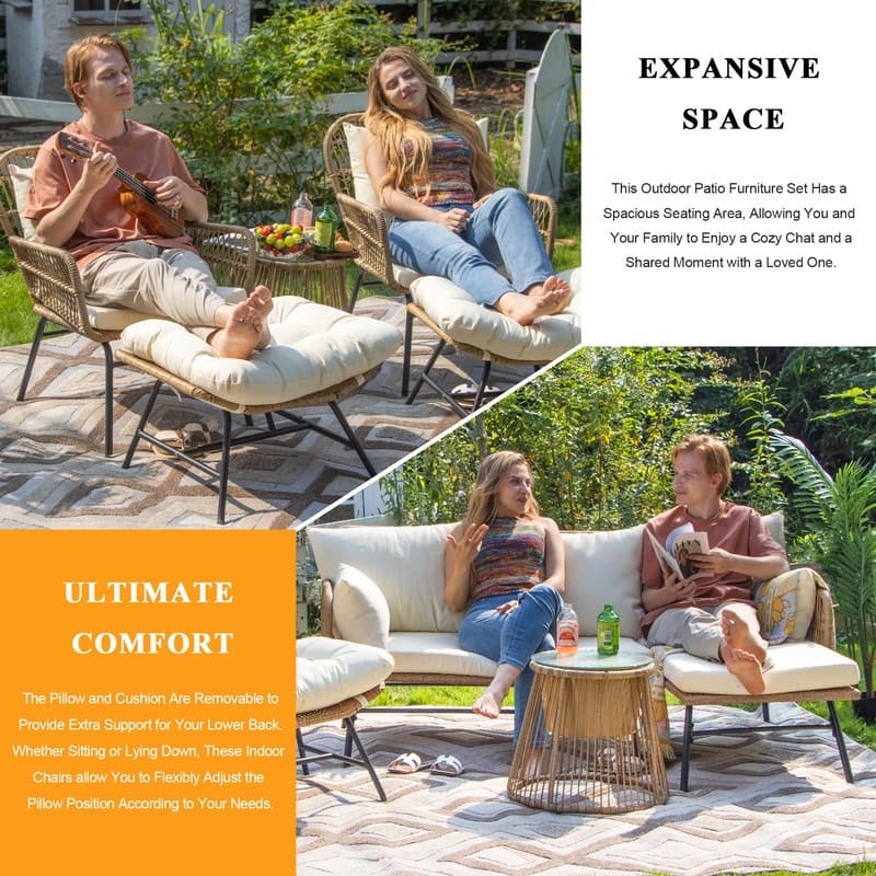 8-Piece Outdoor Boho Wicker Patio Furniture Set, L-Shaped Sectional Sofa with 2 Chairs, 2 Ottomans & Ice Bucket Table