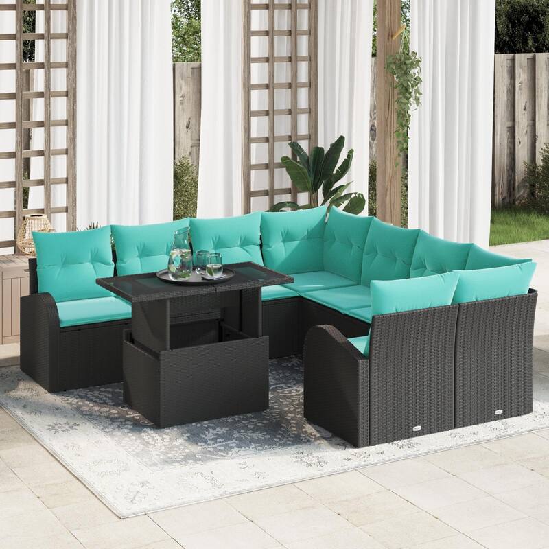 vidaXL 9 Piece Garden Sofa Set with Cushions Black Poly Rattan - 92.1×92.1×27.2