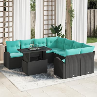 vidaXL 9 Piece Garden Sofa Set with Cushions Black Poly Rattan - 92.1×92.1×27.2