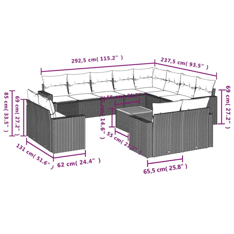 vidaXL Patio Sofa Set with Cushions Outdoor Furniture 13 Piece Poly Rattan - 21.7 x 21.7 x 14.6