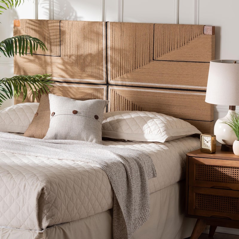 Prita Paper Loom Headboard with Mahogany Wood, Handwoven Bed Panel with Geometric Design, Boho Rustic Bedroom Accent