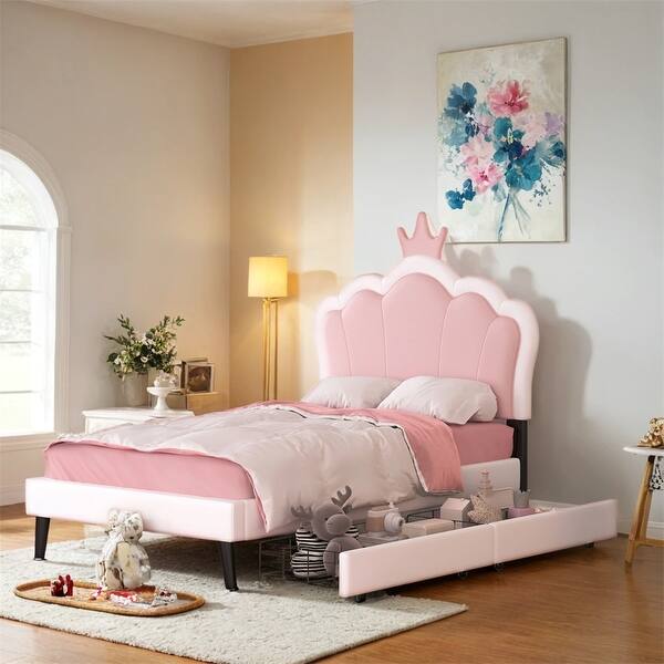 slide 2 of 8, Twin Size Upholstered Princess Bed With Crown Headboard and 2 Drawers