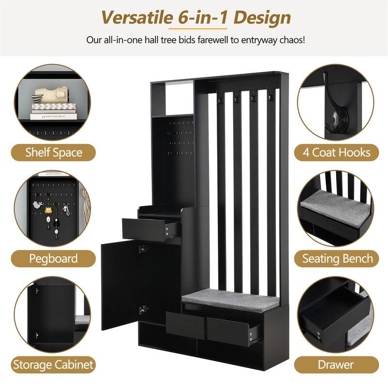Multifunctional Hall Tree with Shoe Storage Bench, Cabinet & Drawers, Modern Coat Rack with 4 Hooks, Shoe Cabinet with Pegboard