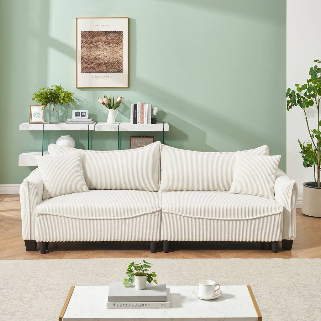 Beige 87.79" Corduroy 3-seater Sofa Bed with Two Throw Pillows and Storage for Living Room