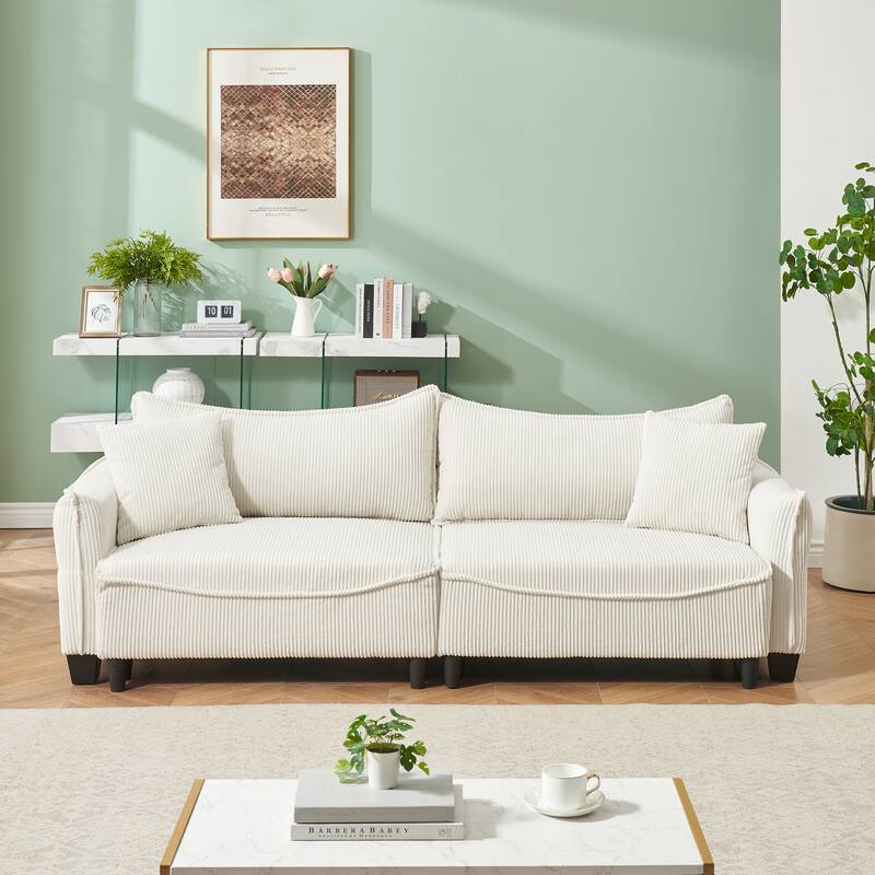 Convertible Corduroy Sofa Bed with Two Throw Pillows, Perfect for Small Spaces - Beige