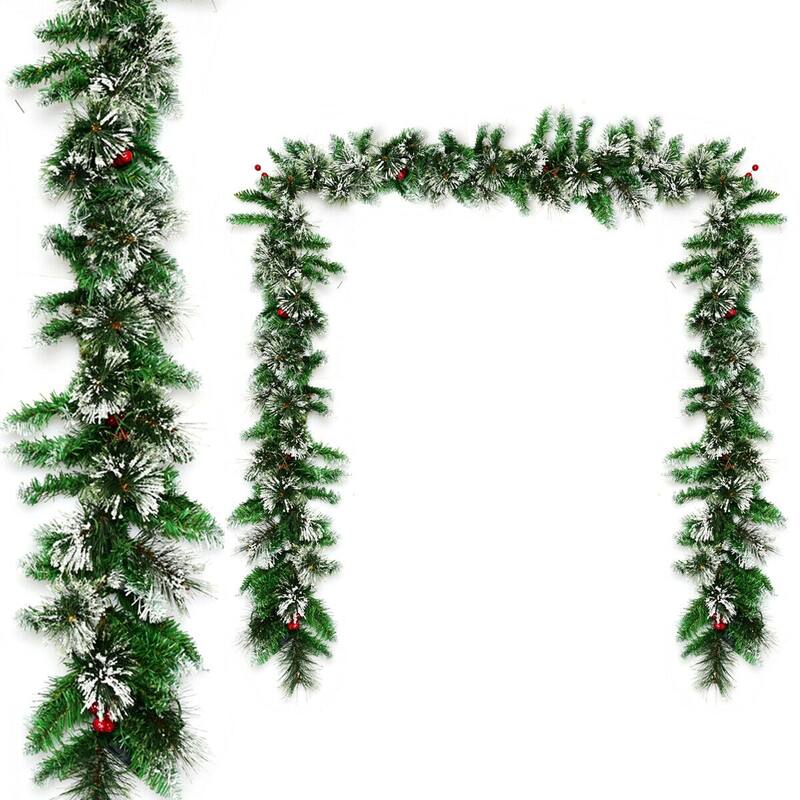 9 Feet Pre-lit Snow Flocked Tips Christmas Garland with Red Berries - Green